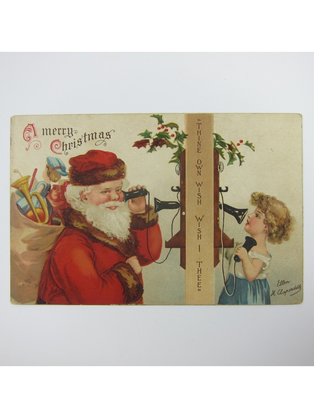 Vintage Christmas Postcard Santa Toys Telephone Girl Clapsaddle Embossed Antique
